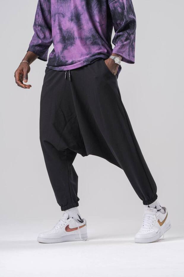 Ανδρικό Basic Elastic Μαύρο Φαρδύ Παντελόνι - 2