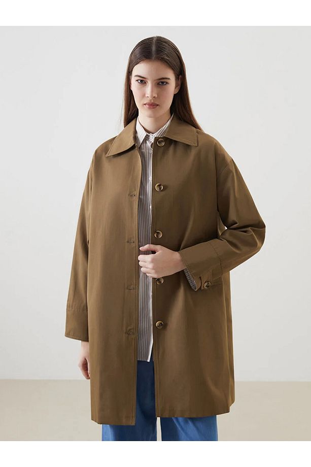 LCW Modest Haki Gömlek Yaka Oversize Kadın Trençkot - 1