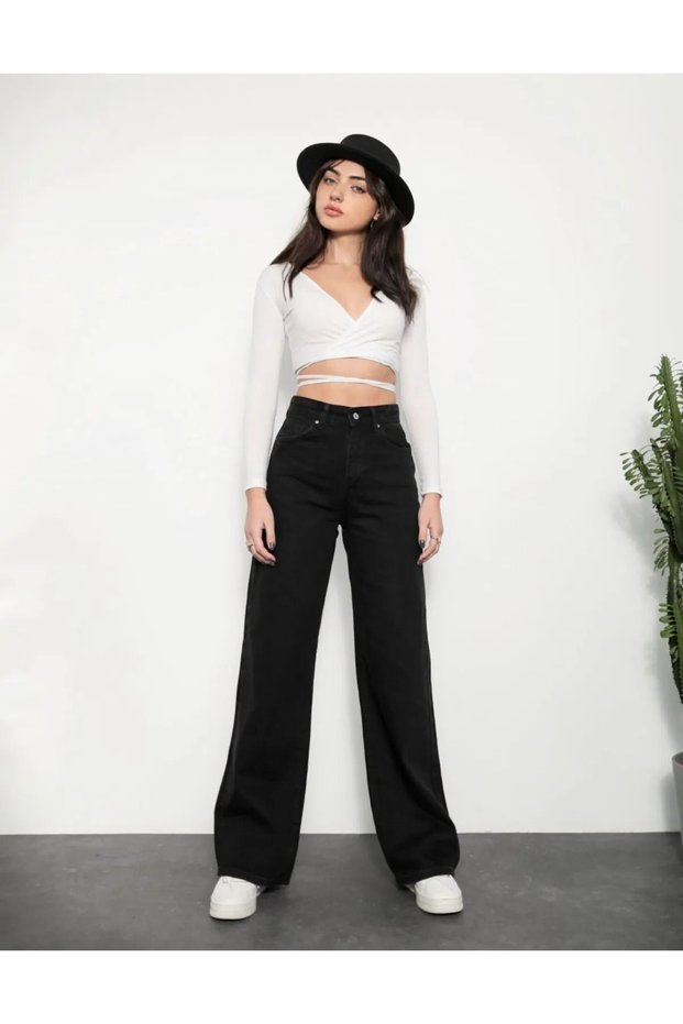 Zero Max Delpotro Lycra Women's Black Super High Waist Loose Leg Denim Jeans Loose Pants