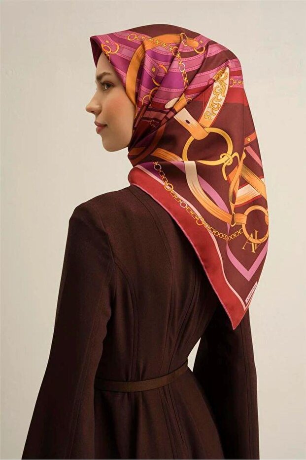 Burgundy Purple Chain Belt Pattern Pure Silk Sura Woven Scarf-E25Ya9315D01-54-Kvs0666