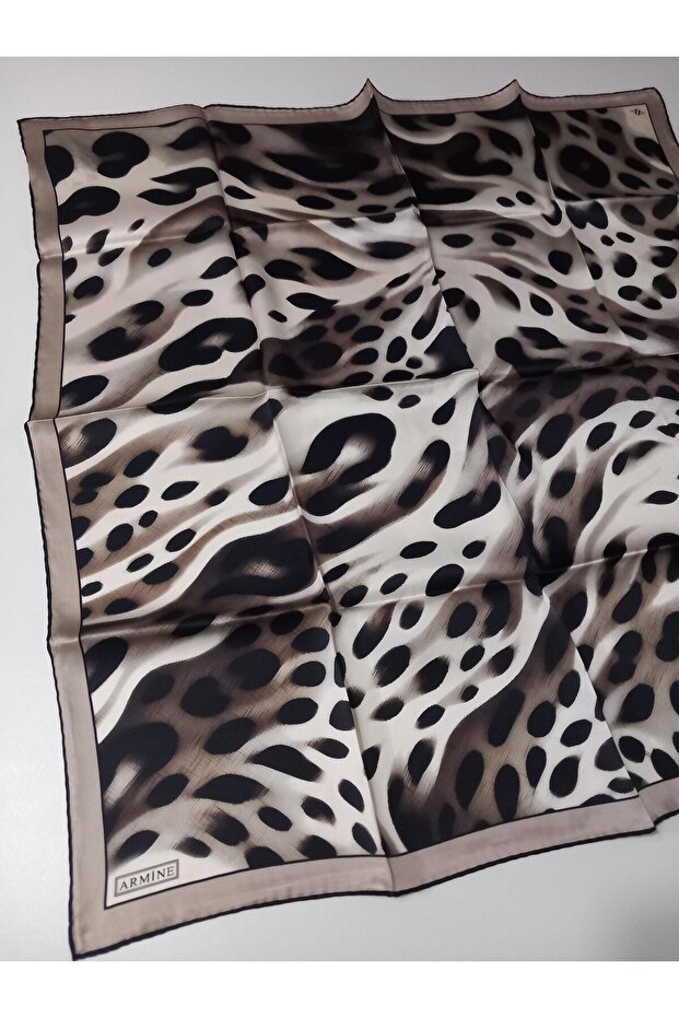 Siyah Kahve Leopar Desen Saf İpek Tivil Dokuma Eşarp-E25YA9320D02-04-KVS0675 - 5