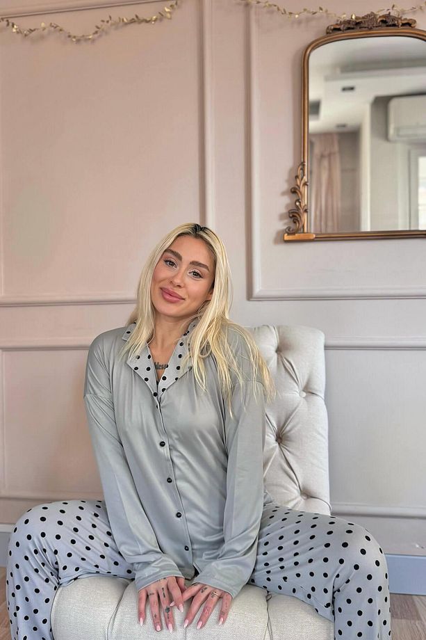 Gri Points Desenli Bambu Önden Düğmeli Uzun Kol Kadın Pijama Takımı - 5