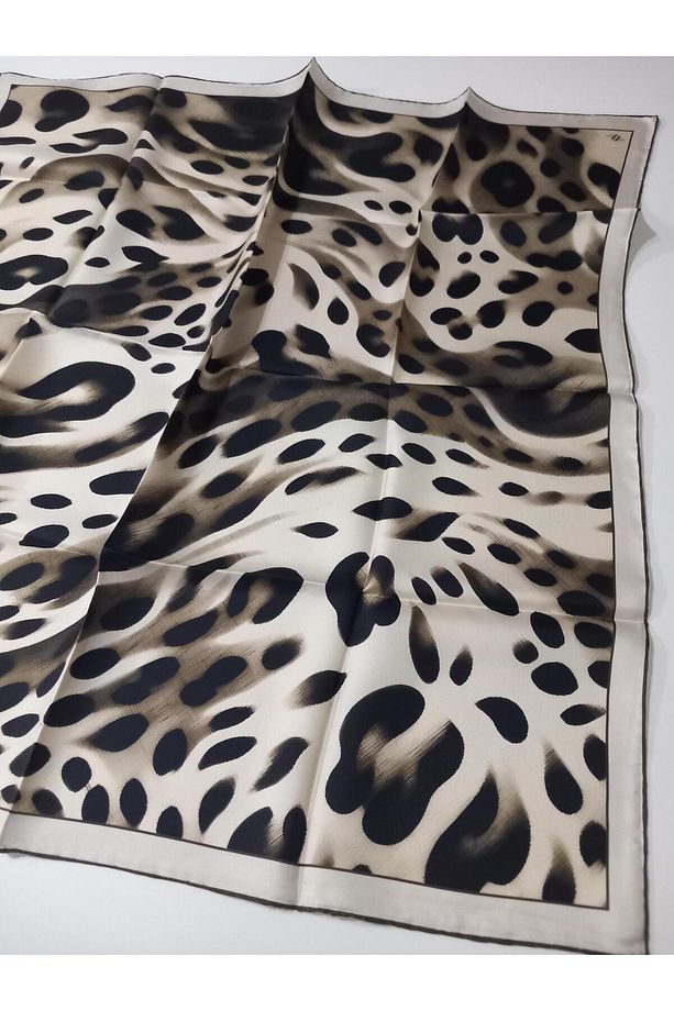 Siyah Haki Leopar Desen Saf İpek Tivil Dokuma Eşarp-E25YA9320D02-51-KVS0677 - 4