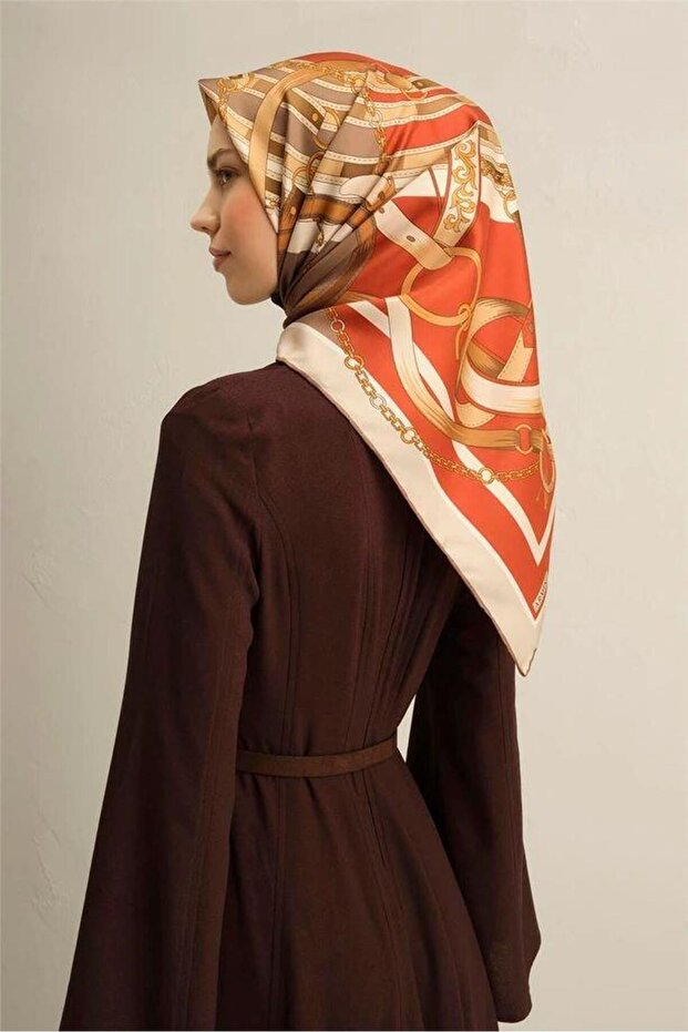 Kiremit Vizon Zincir Kemer Desen Saf İpek Sura Dokuma Eşarp-E25YA9315D01-05-KVS0670 - 2