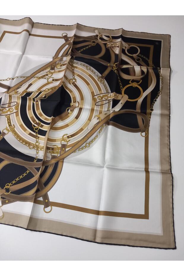 Siyah Kahve Zincir Kemer Desen Saf İpek Tivil Dokuma Eşarp-E25YA9315D02-03-KVS0669 - 6