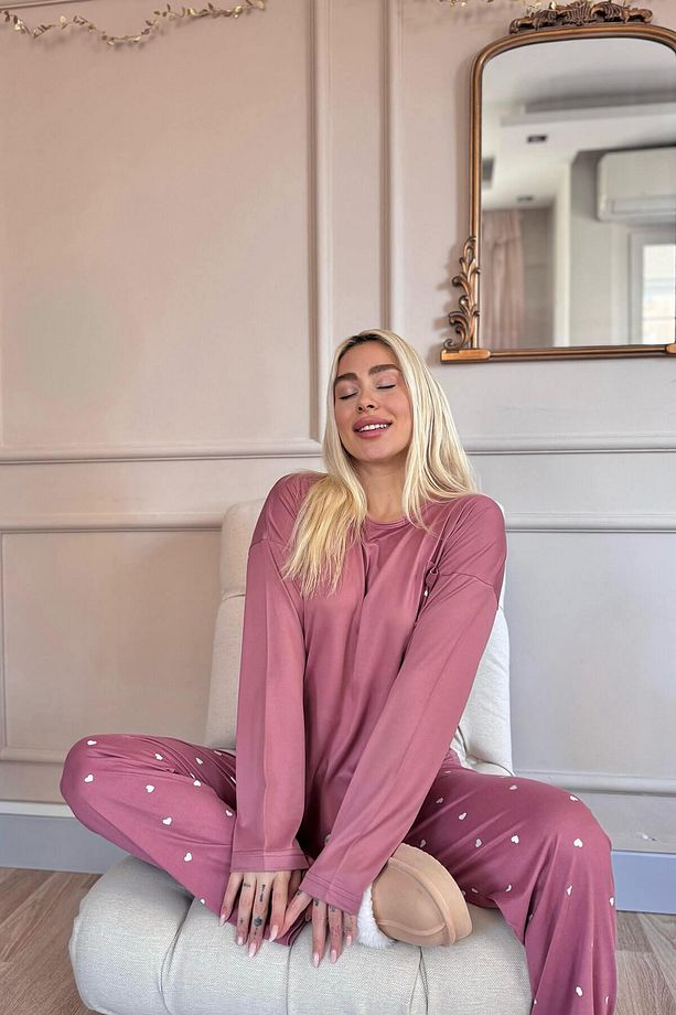 Pudra Kalp Desenli Bambu Uzun Kol Kadın Pijama Takımı - 5
