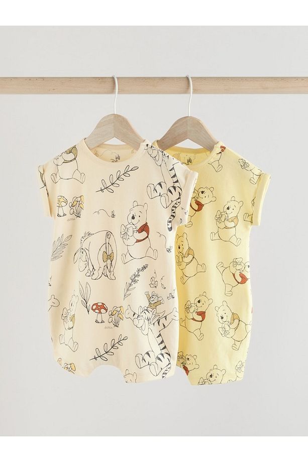 %100 Pamuklu Krem Sarı Winnie The Pooh Desenli 2'li Romper Set - 1