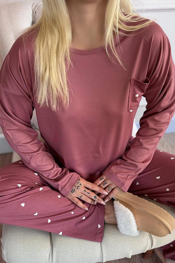 Pudra Kalp Desenli Bambu Uzun Kol Kadın Pijama Takımı - 6