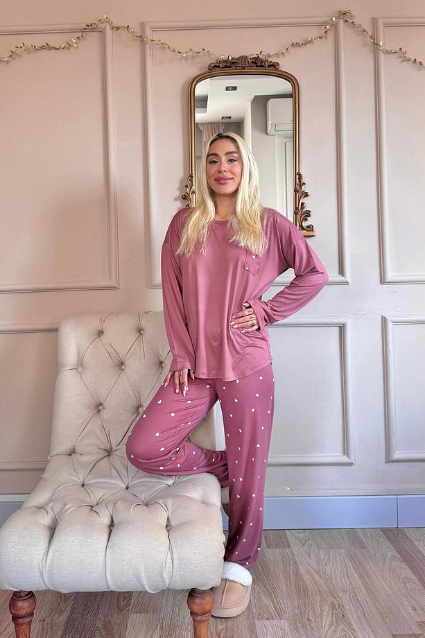 Pudra Kalp Desenli Bambu Uzun Kol Kadın Pijama Takımı - 7