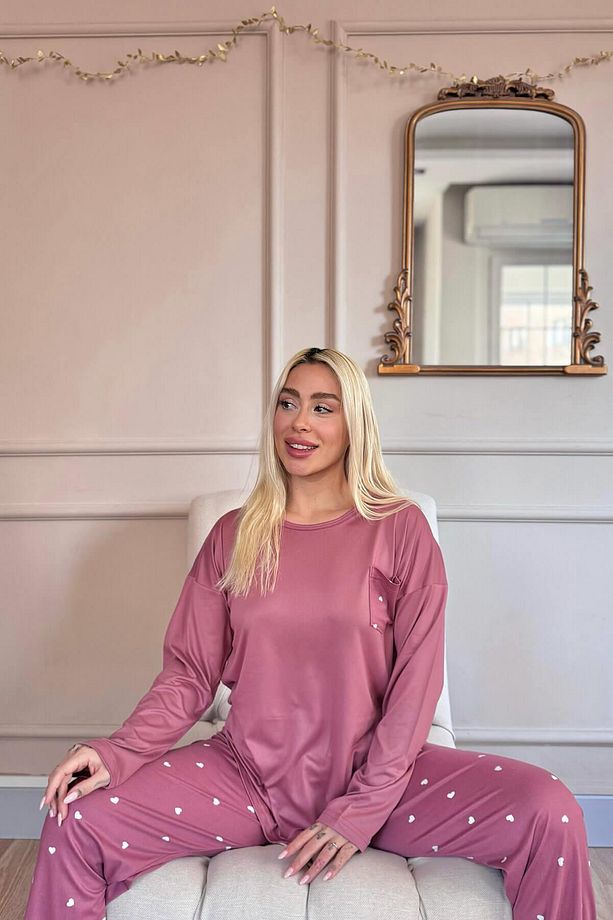 Pudra Kalp Desenli Bambu Uzun Kol Kadın Pijama Takımı - 4