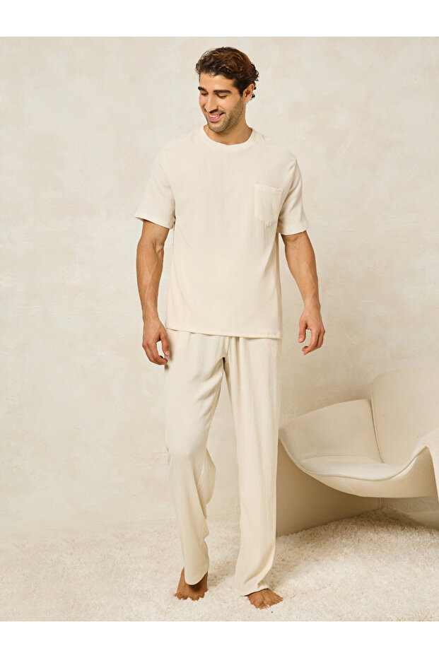 Textured Crew Neck T-Shirt & Straight Pyjama Set