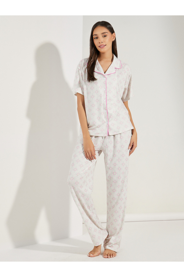 AOP Drop Shoulder Contrast Piped Shirt & Pyjama Set