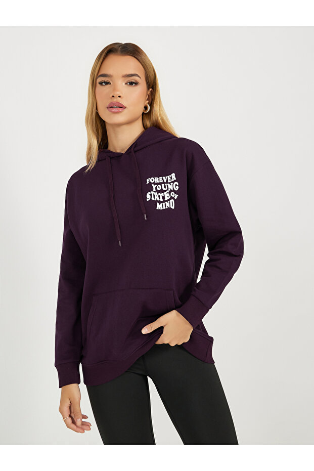 Regular Fit Longline Slogan Print Hoodie