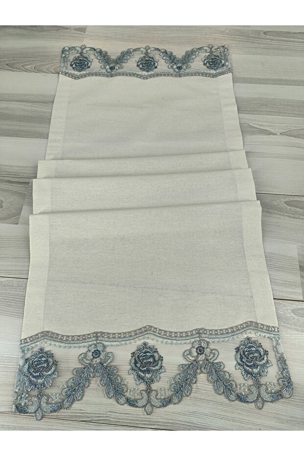 Lace Linen Fabric Runner 40 cm X 120 cm (Blue)