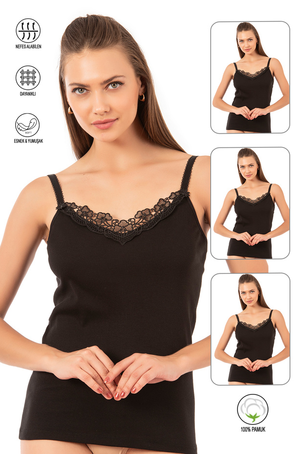 Özkan 0110 3-pack قميص داخلي نسائي مضلع 100% قطن مزين بأربطة ومرن ومريح ورفيع