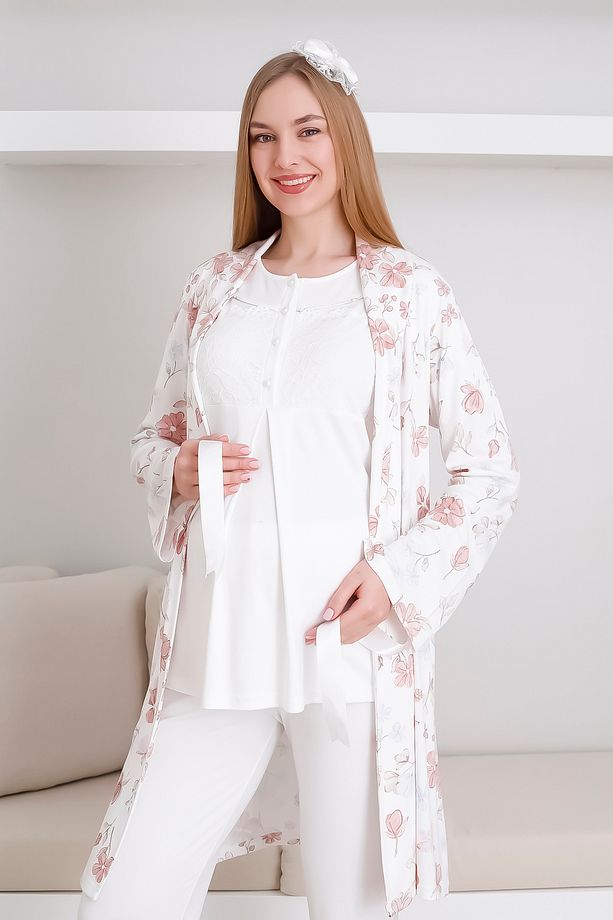 Pijama ve Sabahlık Takımı / 3'lü Lohusa & Hamile Takımı / Kısa Kollu, Önü Düğmeli Pijama - 4