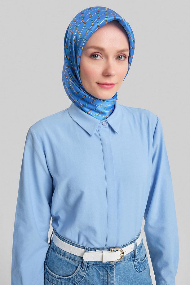 Manşeti Logolu Basic Gömlek 24y3522 Gri Mavi - 1