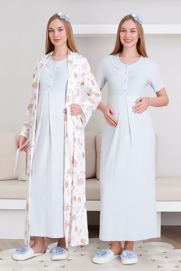 Melisa Nightgown and Dressing Gown Set / Maternity & Maternity 2-Piece Nightgown Set / Short Sleeve Nightgown