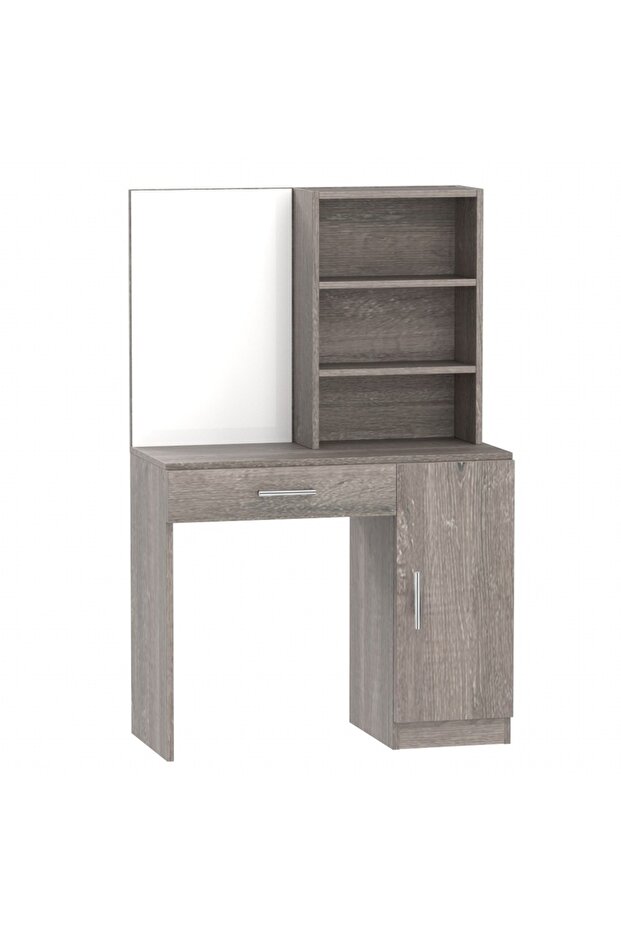 Modern Dresser With Vanity Mirror and Open Shelves Ample Leg Room-Grey Brown whiteriver Oak