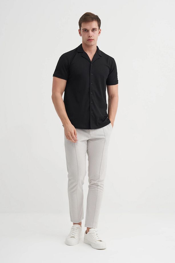 Regular Fit Örme Zigzag Dokulu Kısa Kol Gömlek - 1