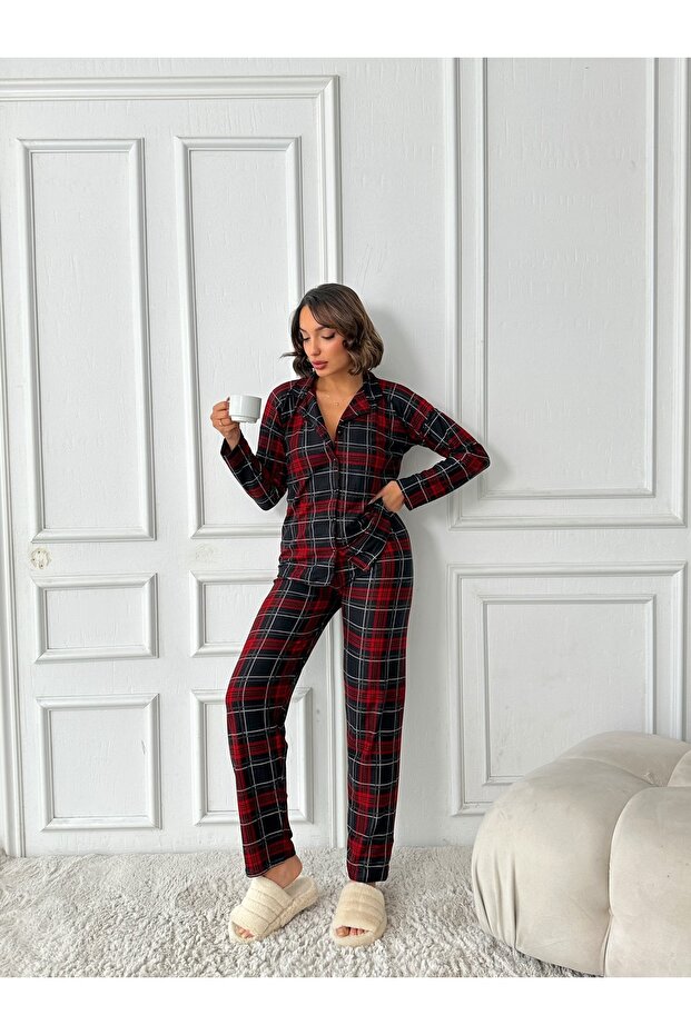 Suede Plaid Long Sleeve Pajamas Set Misspt5660
