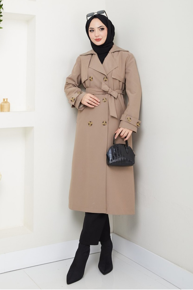 Lined Beige Trench Coat with Stone Buckle Detail