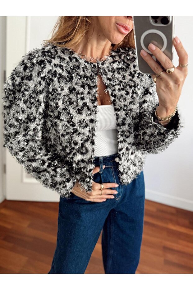 Kadın Leopar Tüylü Pul Silver Ceket - 3