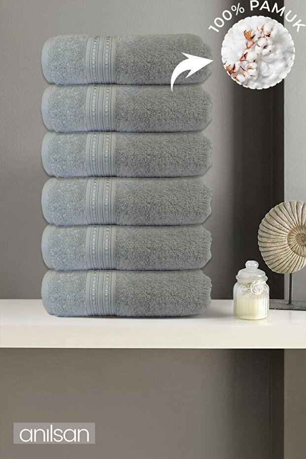 6-Piece Beaded Gray Hand Towel - 50X90 Cm, 225 Gr, 100% Cotton, Spa and Hotel Towel