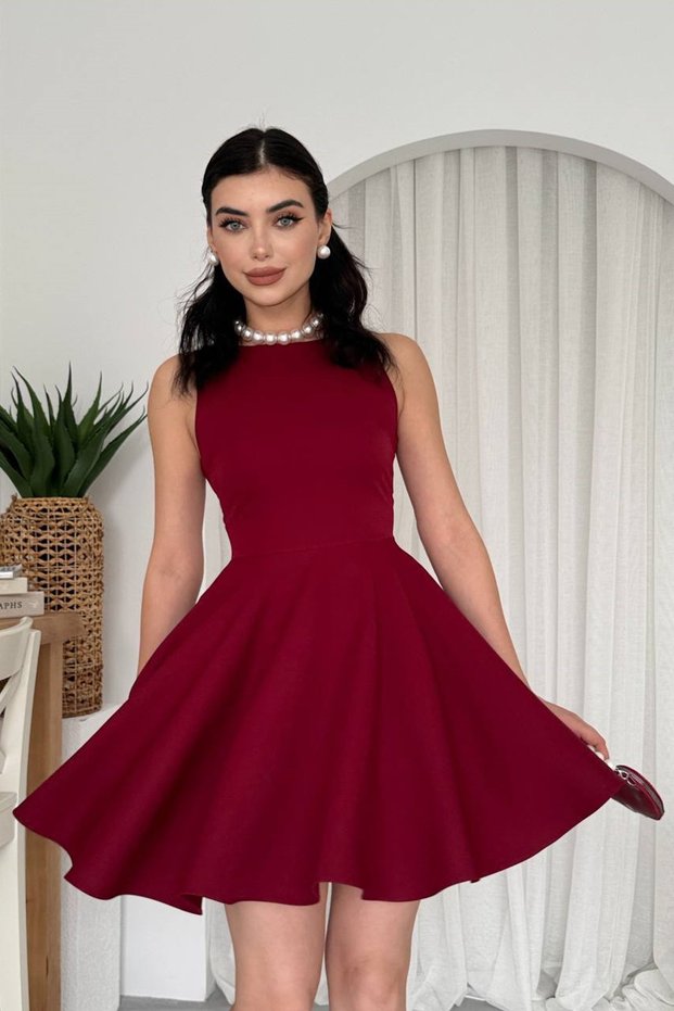 Women's Burgundy Atlas Fabric Double Pocket Design Sleeveless Mini Flared Dress 366