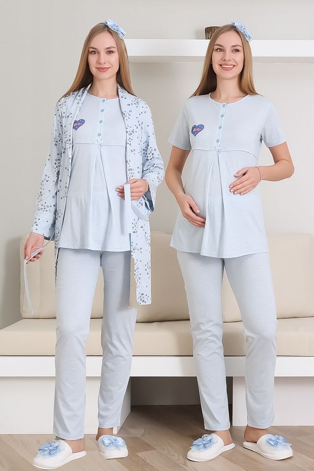 Hamile Pijama Takımı Melanj Kumaş Önü Düğmeli Nakışlı - Desenli Emzirme İçin Uygun 3'lü - 1