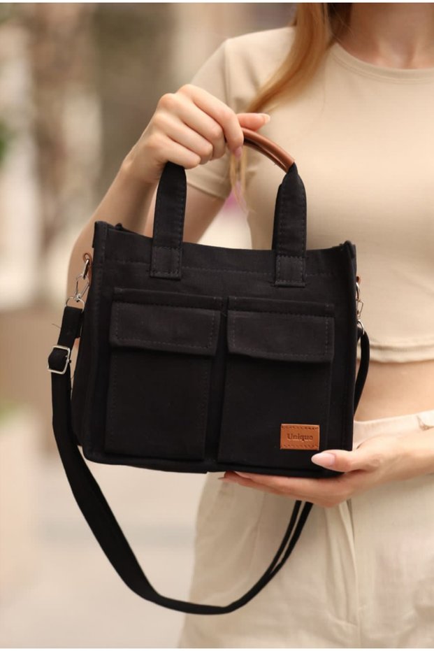 Women's Canvas Fabric Double Pocket Shoulder Bag