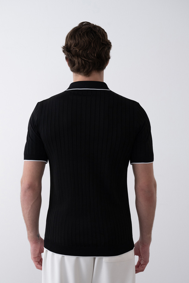 Fitilli Şeritli Siyah Düğme Yaka Triko Tshirt - 4