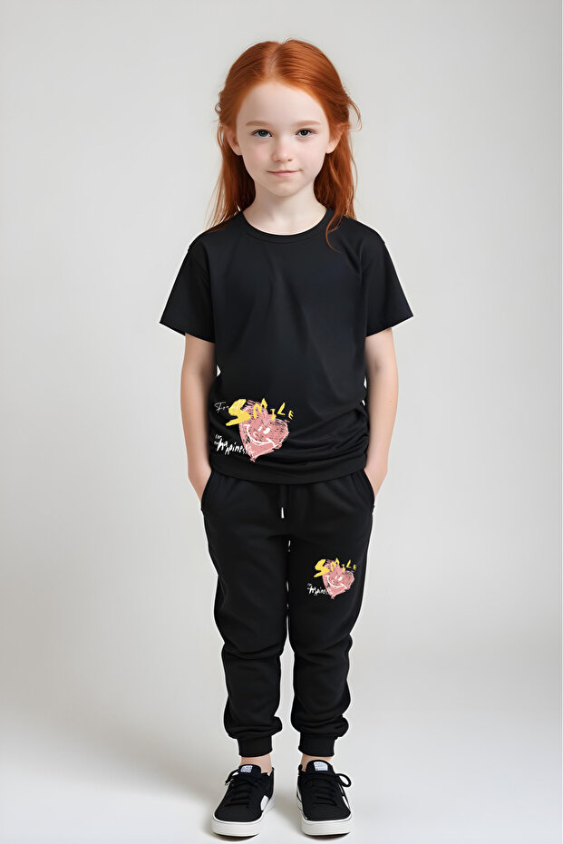 Smile Printed Girl's Short Sleeve T-Shirt and Sweatpants Set