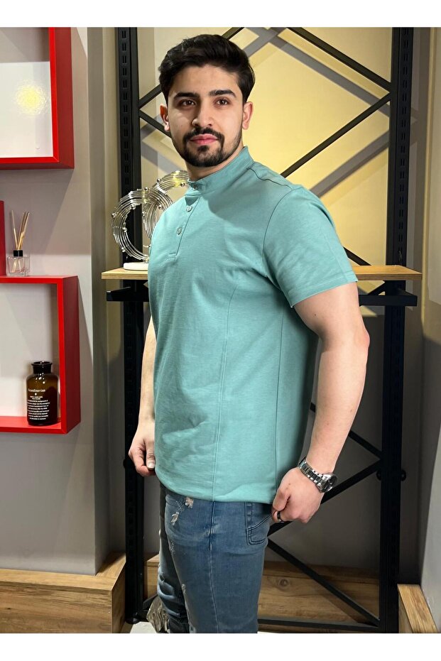 Hakim Yaka Düğmeli Mint Yeşili Basic Tshirt - 3