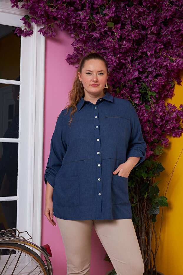 Large Size Indigo Shirt with Sleeve and Crochet Detail