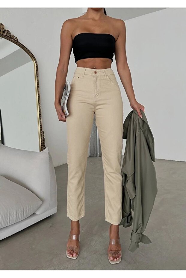 High Waist Beige Mom Jeans Lycra Colorfast Extra Comfortable Mom Jeans 2024