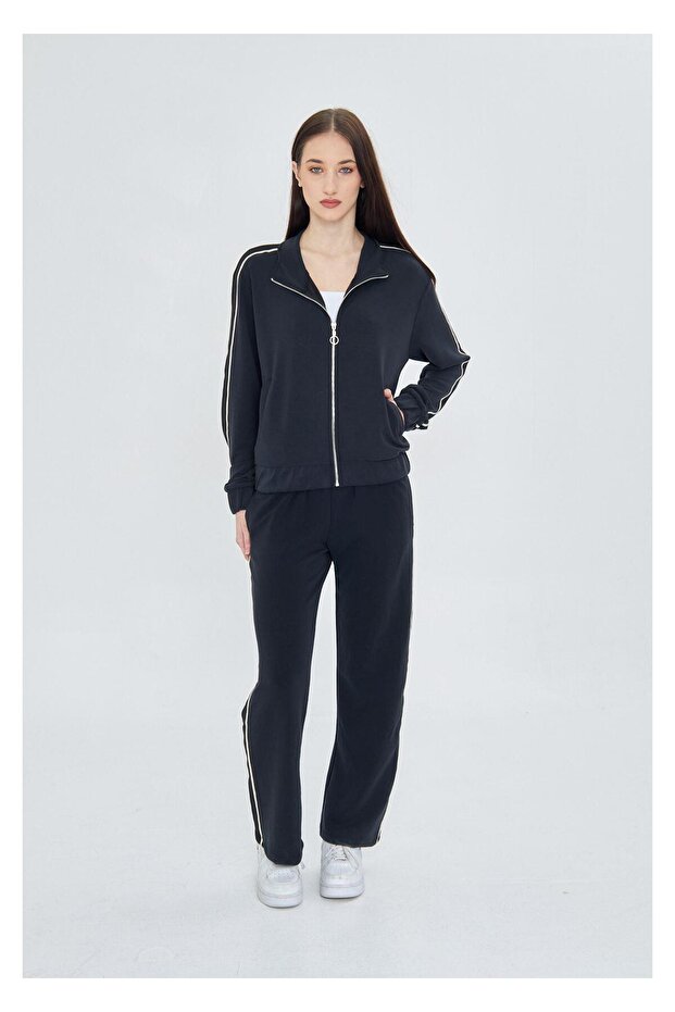 Fermuarlı Şeritli Dalgıç Sweatshirt-Siyah - 5