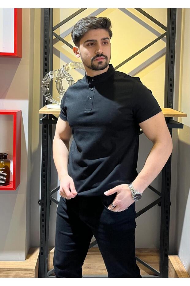 Hakim Yaka Düğmeli Siyah Basic T-Shirt - 2