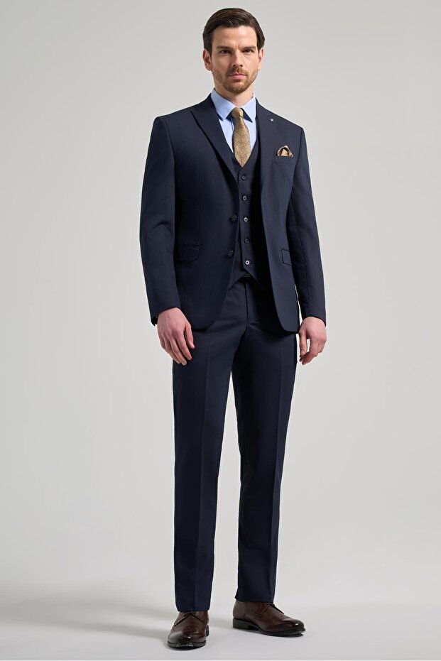 Men's Dark Navy Blue Textured Flexible Slim Fit Suit 1001250156