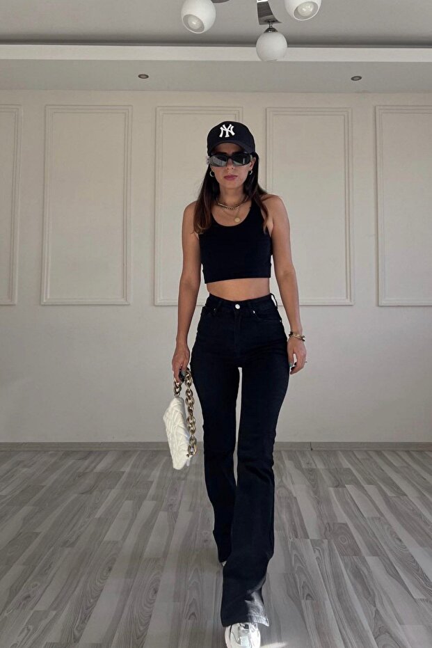 High Waist Flare Leg Full Length Stretch Black Jeans