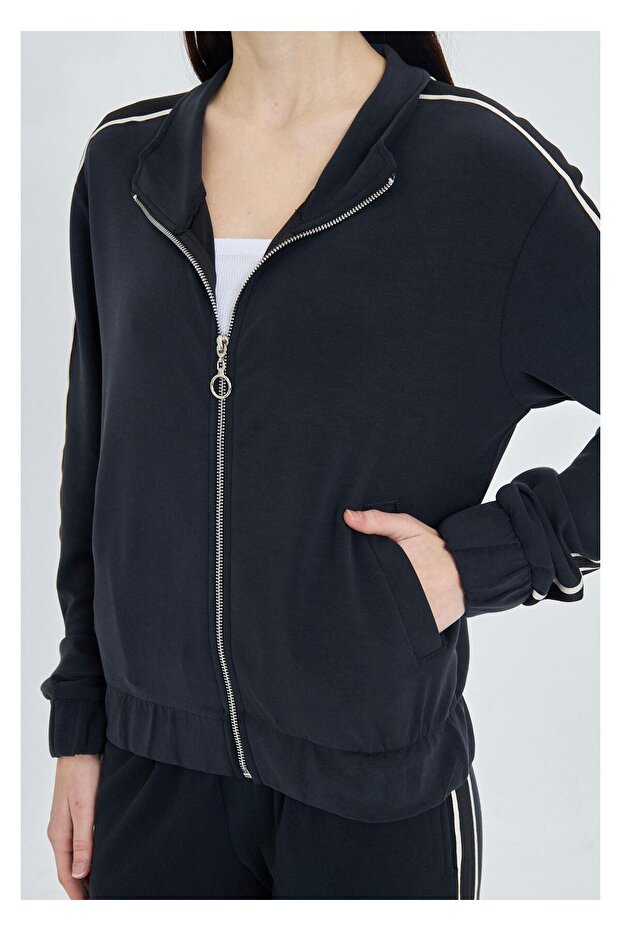 Fermuarlı Şeritli Dalgıç Sweatshirt-Siyah - 2