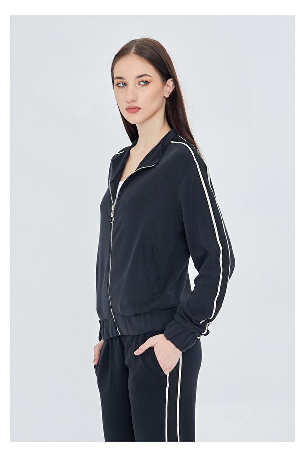 Fermuarlı Şeritli Dalgıç Sweatshirt-Siyah - 4