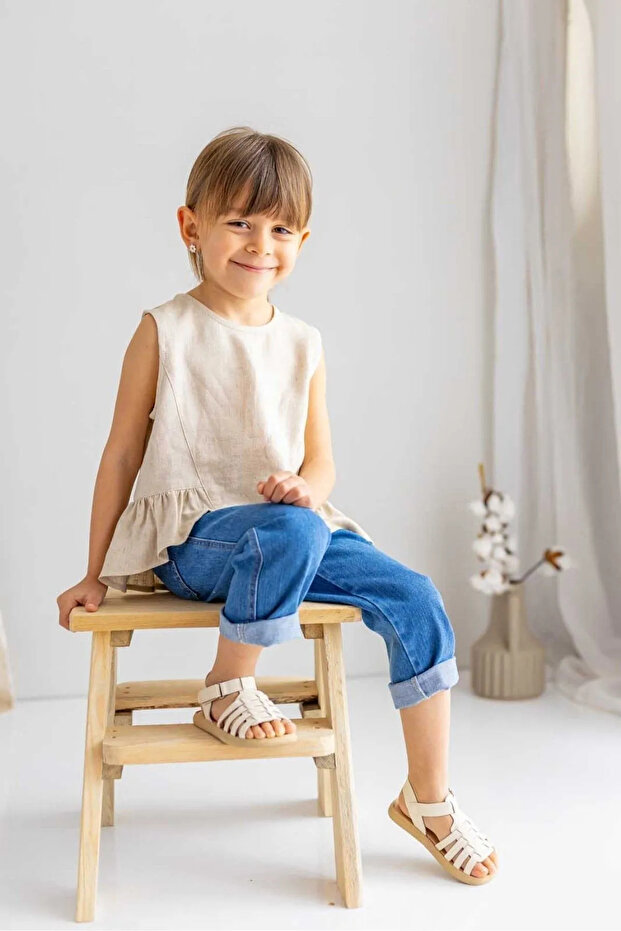 Beige Natural Linen Sleeveless Girl's Blouse with Frilled Ends