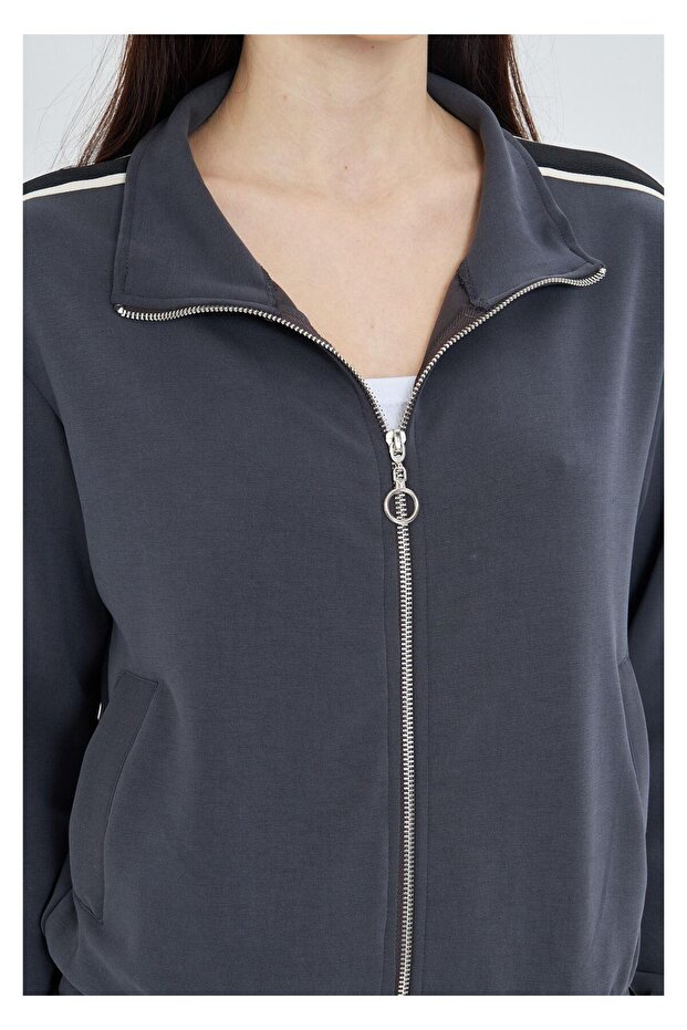 Fermuarlı Şeritli Dalgıç Sweatshirt - 4