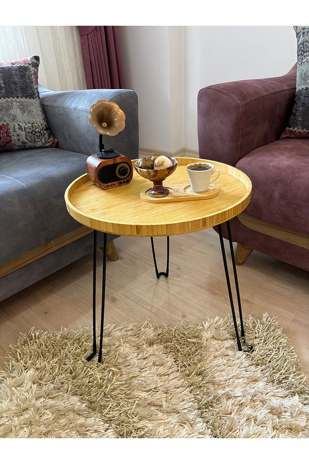 Çift Fonksiyonlu Bambu Katlanır Ayaklı Portatif Tepsi / Sehpa  (Yuvarlak 44 cm) - 1