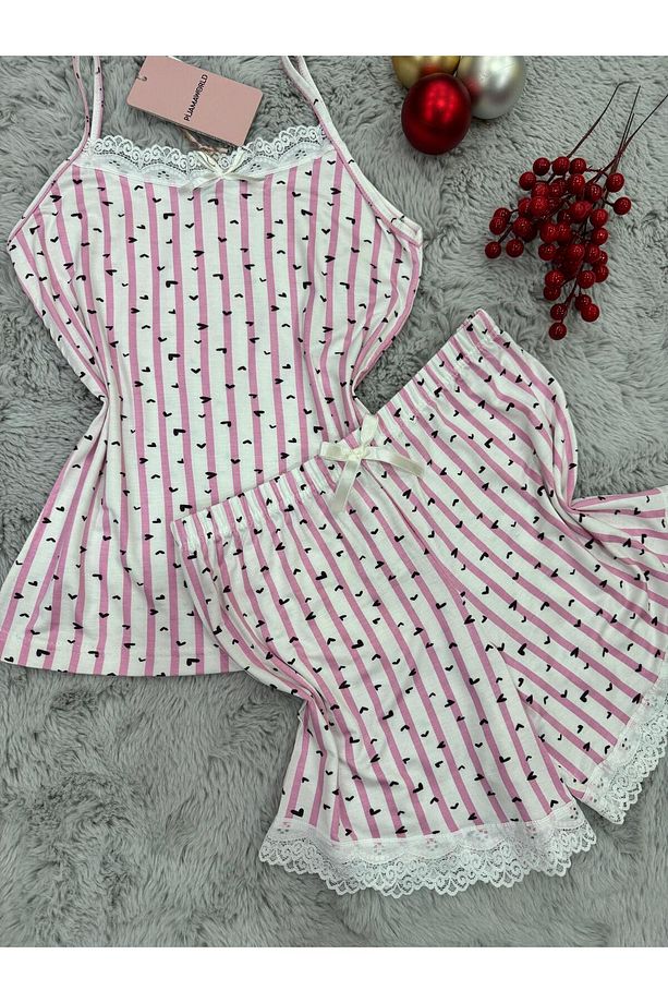 İP ASKILI ŞORTLU VİSKON YUMUŞAK  KUMAŞLI PİJAMA TAKIMI - 6