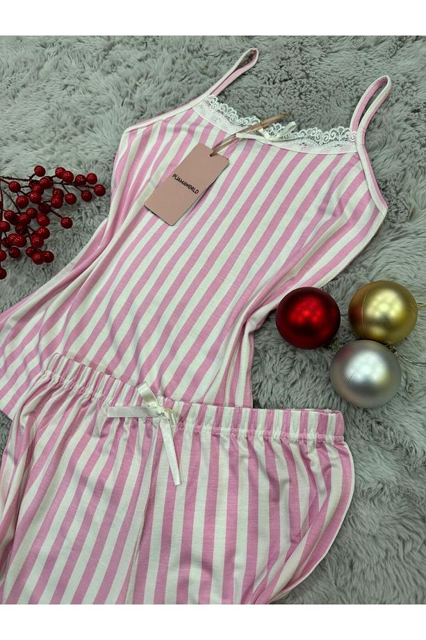 İP ASKILI ŞORTLU VİSKON YUMUŞAK  KUMAŞLI PİJAMA TAKIMI - 6