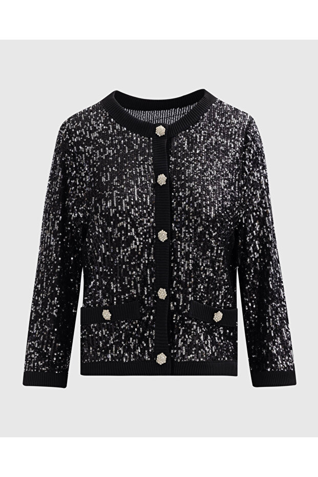 Düğmeli Bel Boy Payetli Hırka - 6