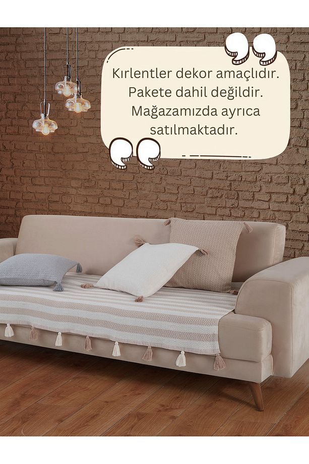 Liva Ponponlu Bej 3 Adet Koltuk Örtüsü 115x200 Cm Kanepe Divan Çekyat Berjer Örtüsü Püsküllü - 3