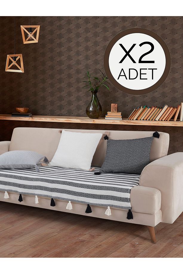 Liva Ponponlu Siyah 2 Adet Koltuk Örtüsü 115x200 Cm Kanepe Divan Çekyat Berjer Örtüsü Püsküllü - 1